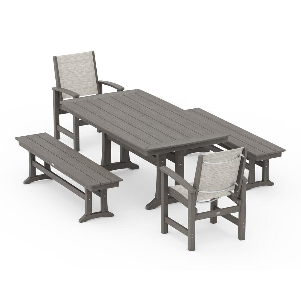 POLYWOOD® Outdoor Furniture POLYWOOD® - Coastal 5-Piece Dining Set with Trestle Legs and Benches - PWS1036