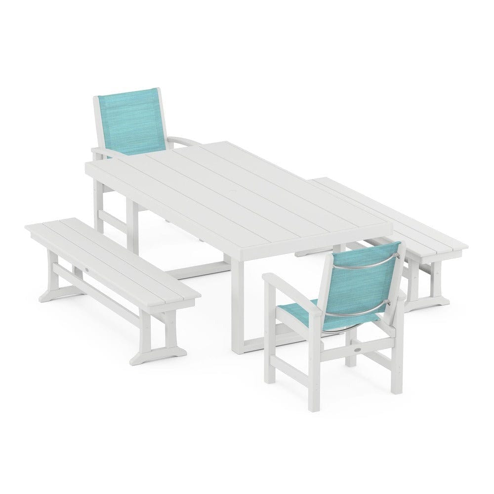 POLYWOOD® Outdoor Furniture White / Dupioni Aquamarine Sling POLYWOOD® - Coastal 5-Piece Dining Set with Trestle Legs - PWS870