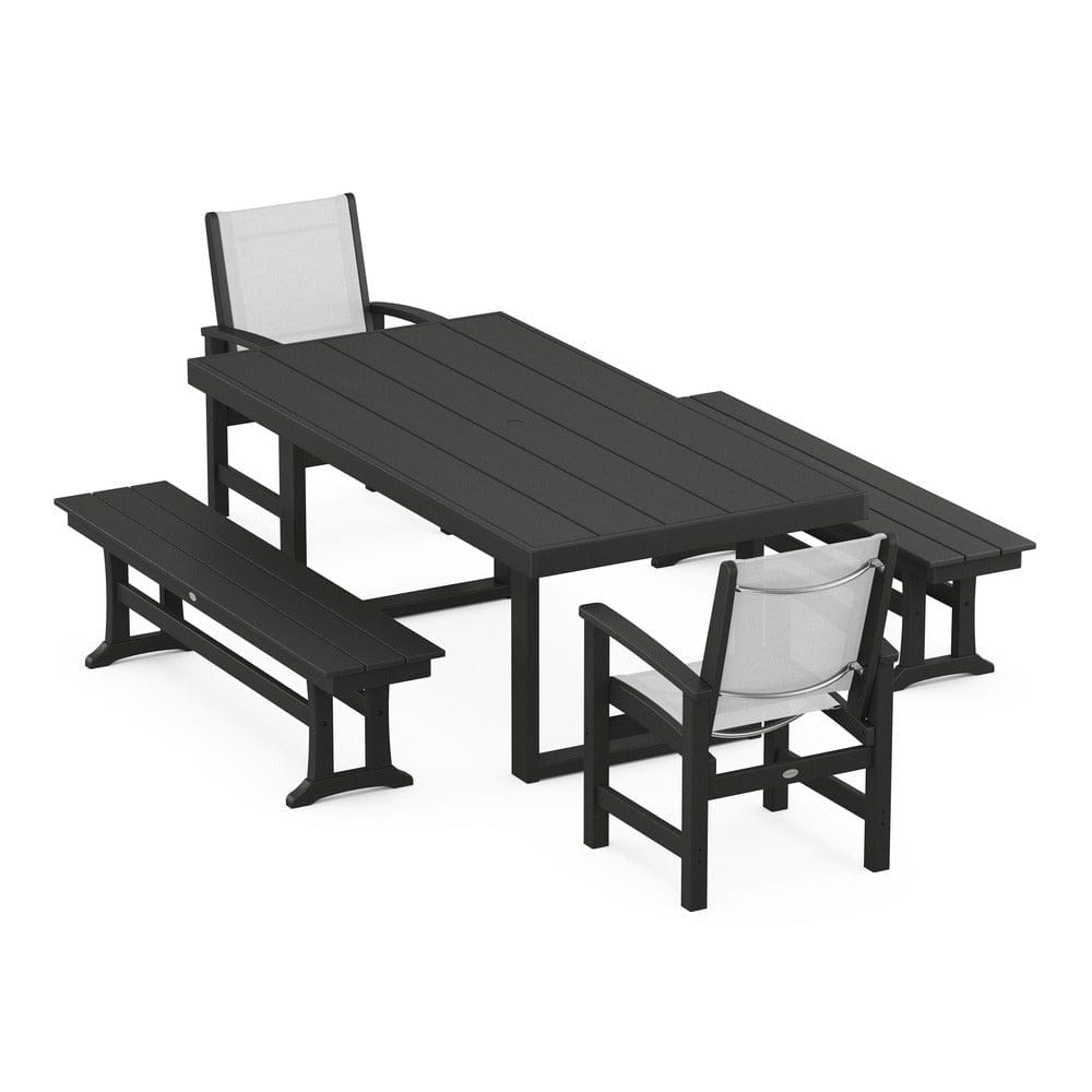 POLYWOOD® Outdoor Furniture Black / White Sling POLYWOOD® - Coastal 5-Piece Dining Set with Trestle Legs - PWS870