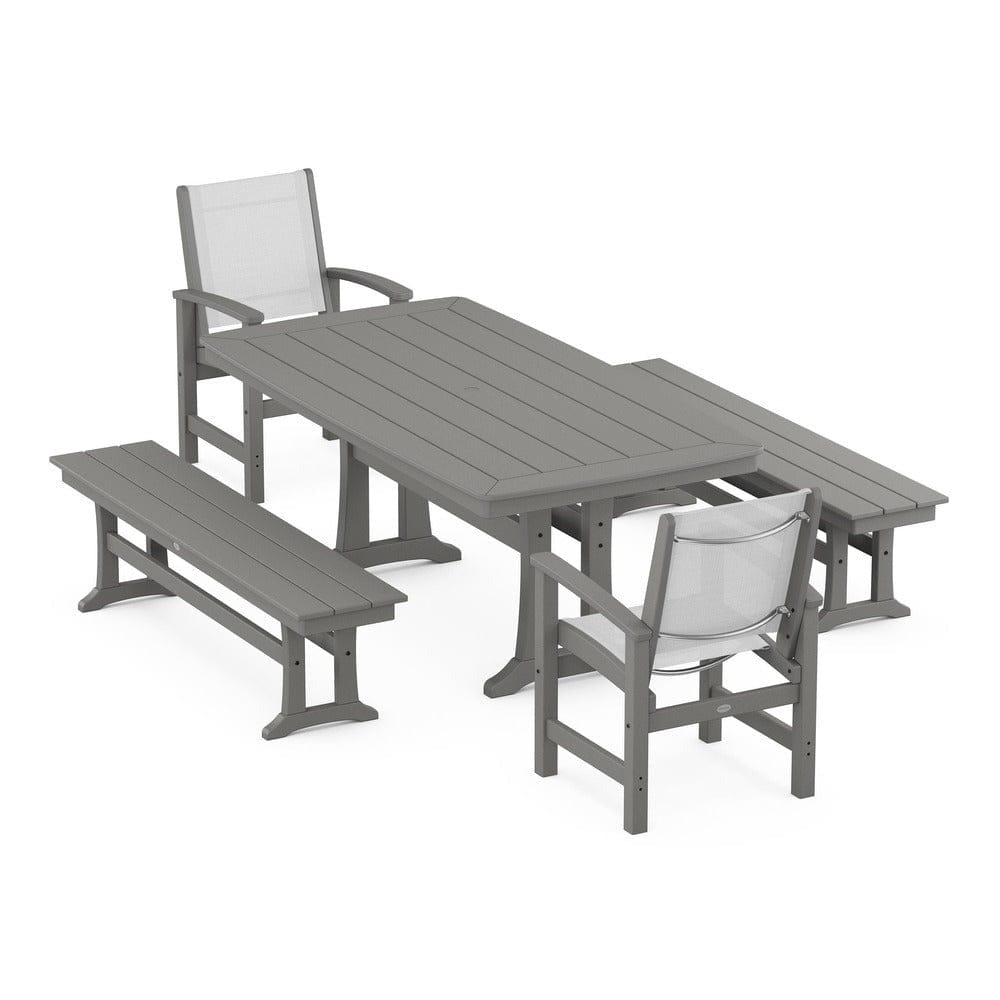 POLYWOOD® Outdoor Furniture Slate Grey / White Sling POLYWOOD® - Coastal 5-Piece Dining Set with Trestle Legs and Benches - PWS1036