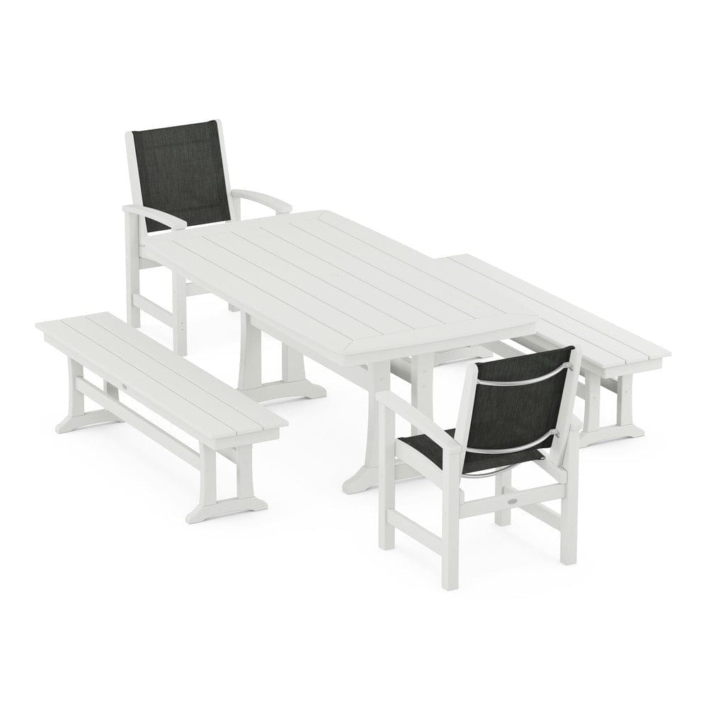 POLYWOOD® Outdoor Furniture POLYWOOD® - Coastal 5-Piece Dining Set with Trestle Legs and Benches - PWS1036