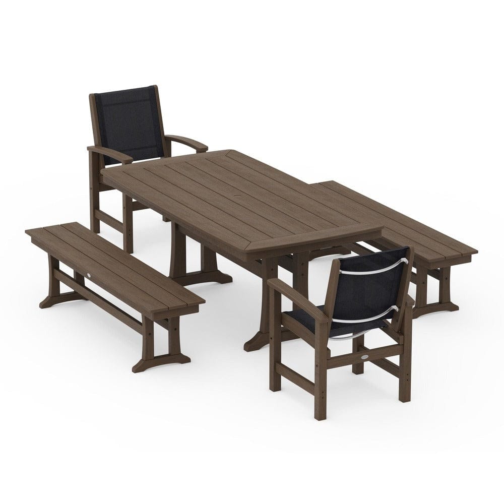 POLYWOOD® Outdoor Furniture POLYWOOD® - Coastal 5-Piece Dining Set with Trestle Legs and Benches - PWS1036