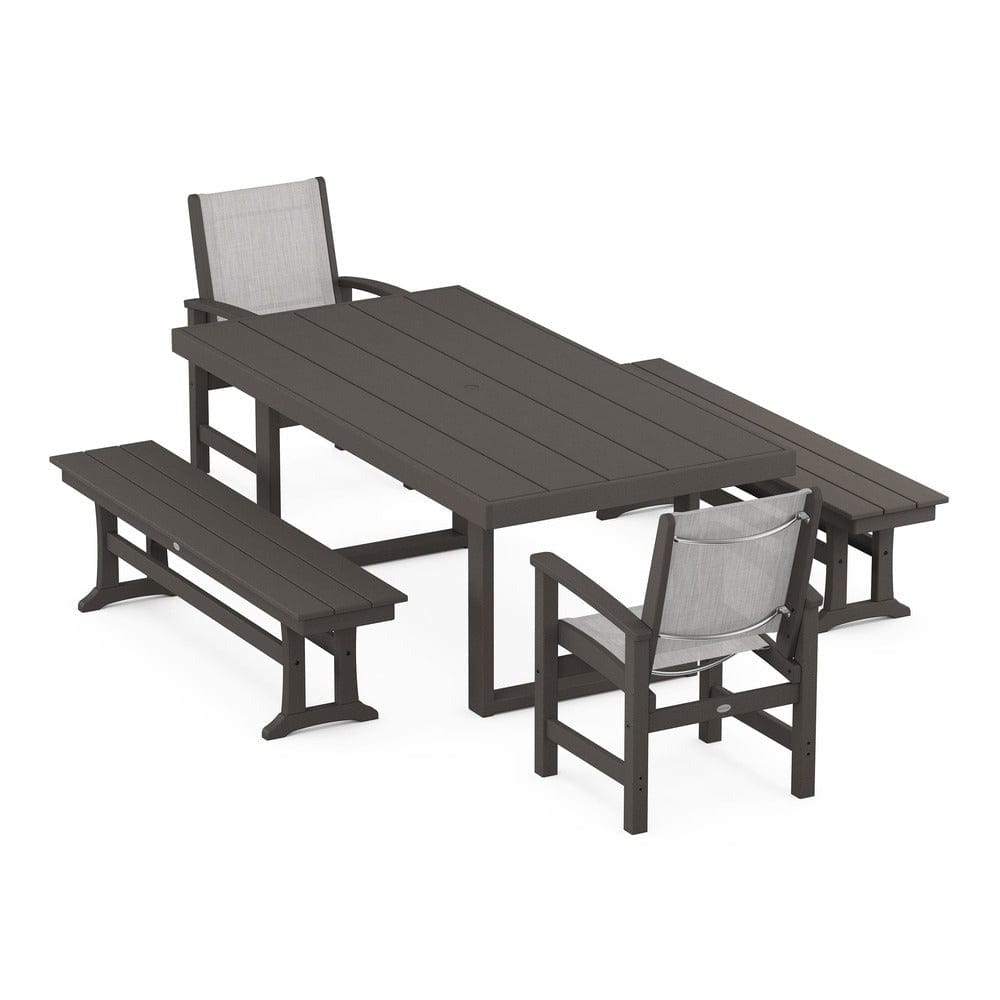 POLYWOOD® Outdoor Furniture Vintage Coffee / Parchment Sling POLYWOOD® - Coastal 5-Piece Dining Set with Trestle Legs - PWS870