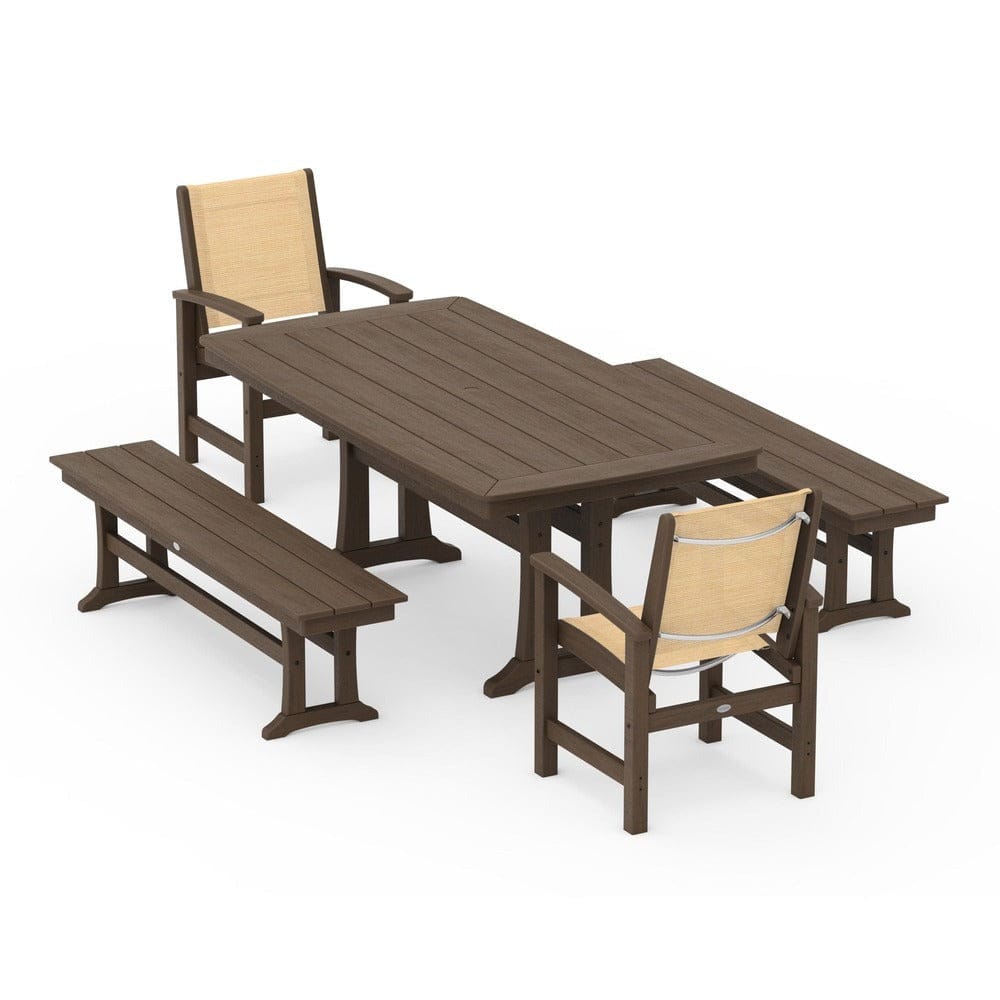POLYWOOD® Outdoor Furniture POLYWOOD® - Coastal 5-Piece Dining Set with Trestle Legs and Benches - PWS1036