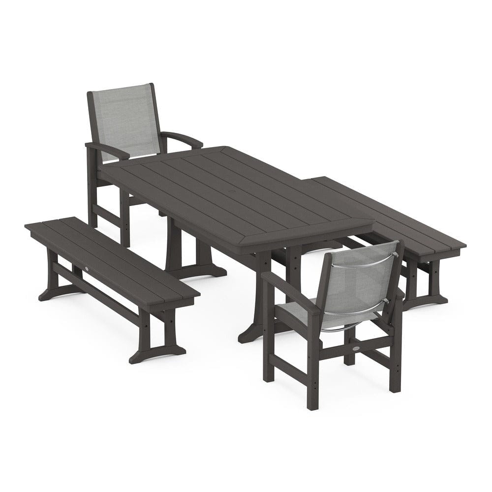 POLYWOOD® Outdoor Furniture Vintage Coffee / Metallic Sling POLYWOOD® - Coastal 5-Piece Dining Set with Trestle Legs and Benches - PWS1036