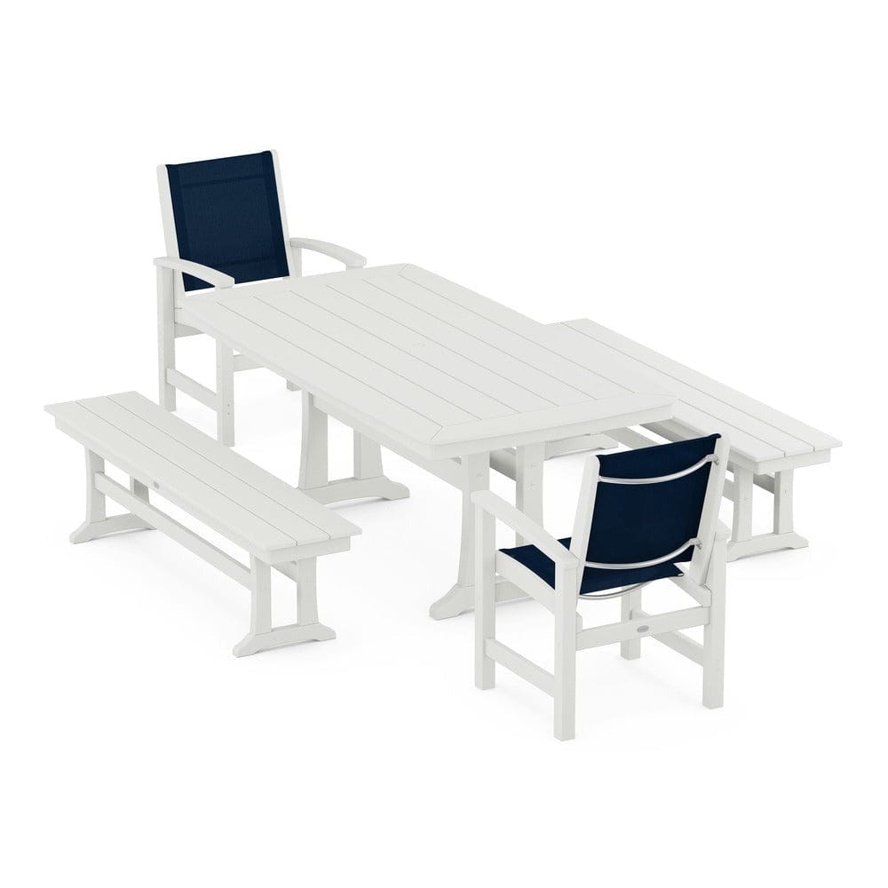 POLYWOOD® Outdoor Furniture POLYWOOD® - Coastal 5-Piece Dining Set with Trestle Legs and Benches - PWS1036