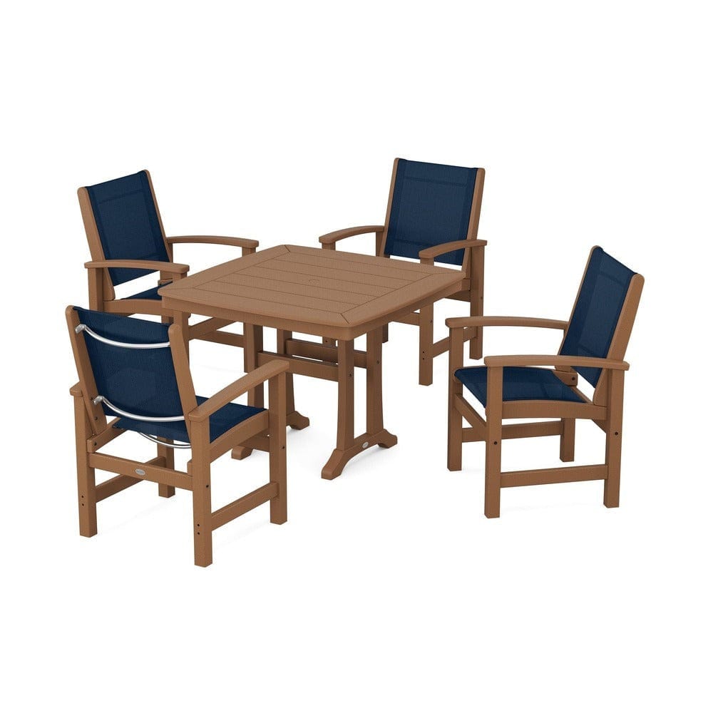 POLYWOOD® Outdoor Furniture Teak / Navy Blue Sling POLYWOOD® - Coastal 5-Piece Dining Set with Trestle Legs - PWS966
