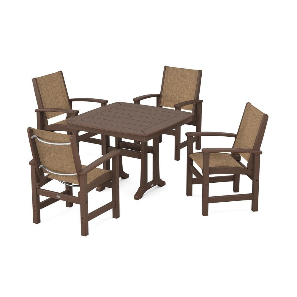 POLYWOOD® Outdoor Furniture Mahogany / Burlap Sling POLYWOOD® - Coastal 5-Piece Dining Set with Trestle Legs - PWS966