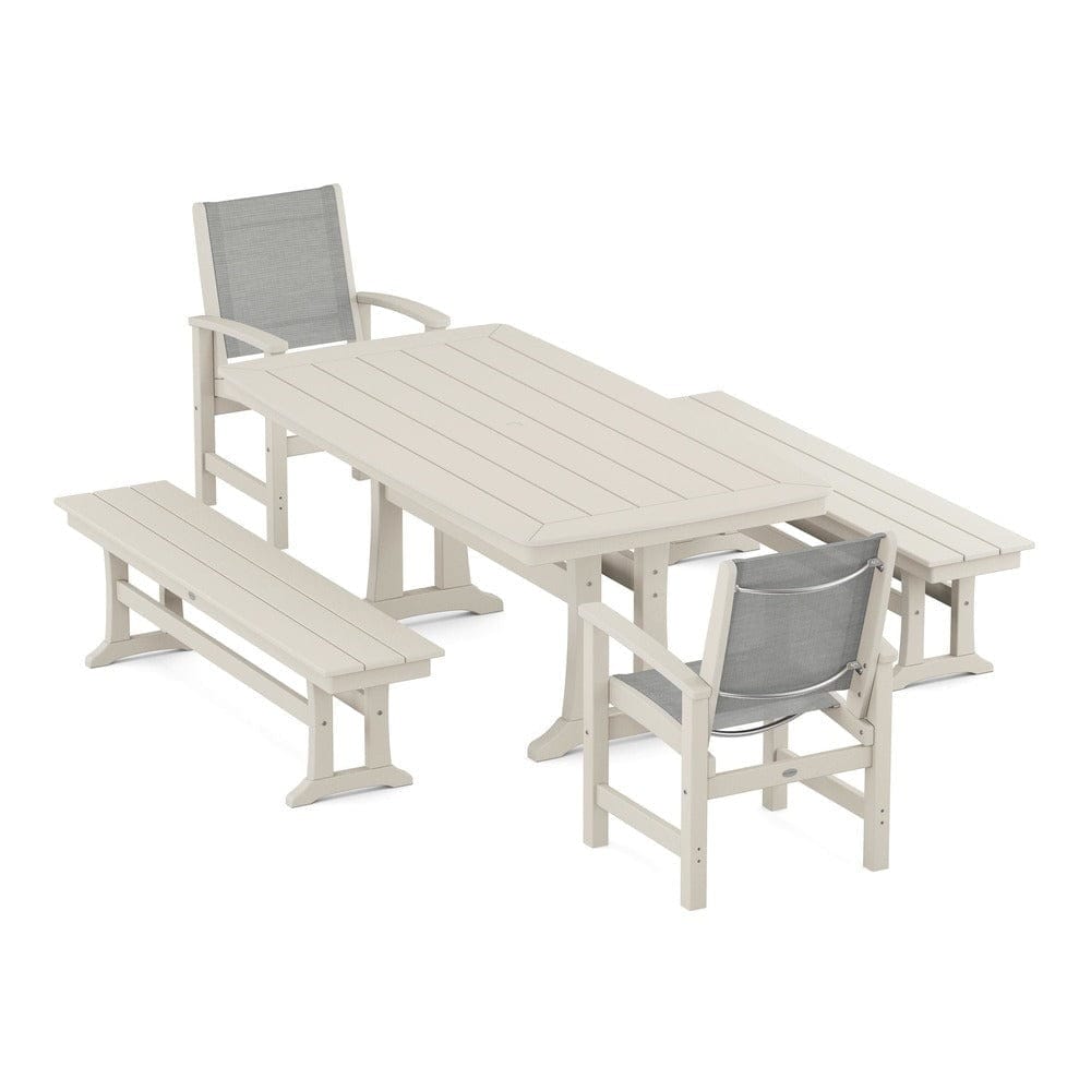 POLYWOOD® Outdoor Furniture Sand / Metallic Sling POLYWOOD® - Coastal 5-Piece Dining Set with Trestle Legs and Benches - PWS1036