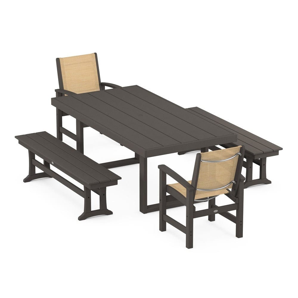 POLYWOOD® Outdoor Furniture Vintage Coffee / Dupioni Apricot Sling POLYWOOD® - Coastal 5-Piece Dining Set with Trestle Legs - PWS870
