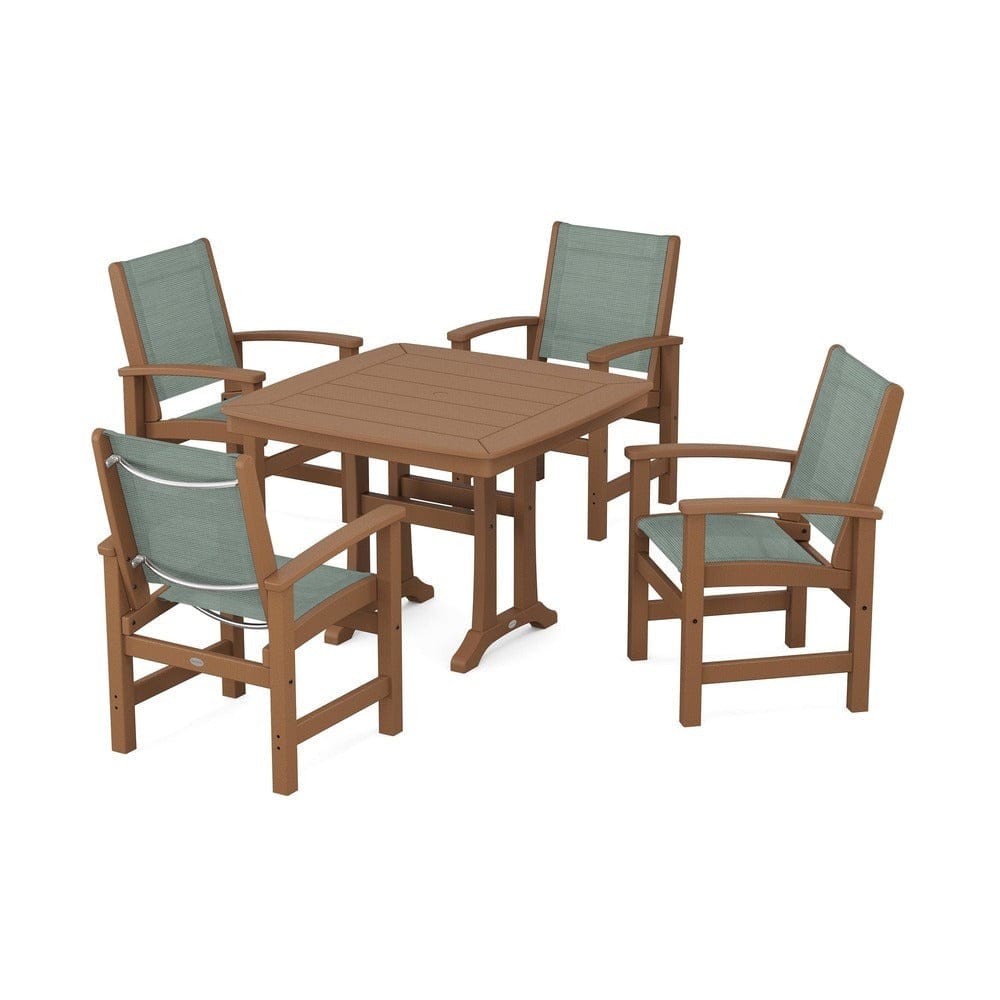 POLYWOOD® Outdoor Furniture Teak / Dupioni Sea Mist Sling POLYWOOD® - Coastal 5-Piece Dining Set with Trestle Legs - PWS966