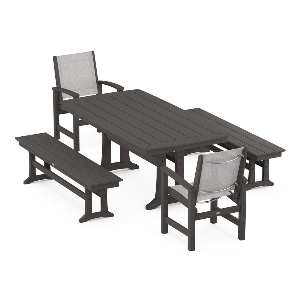 POLYWOOD® Outdoor Furniture Vintage Coffee / Parchment Sling POLYWOOD® - Coastal 5-Piece Dining Set with Trestle Legs and Benches - PWS1036