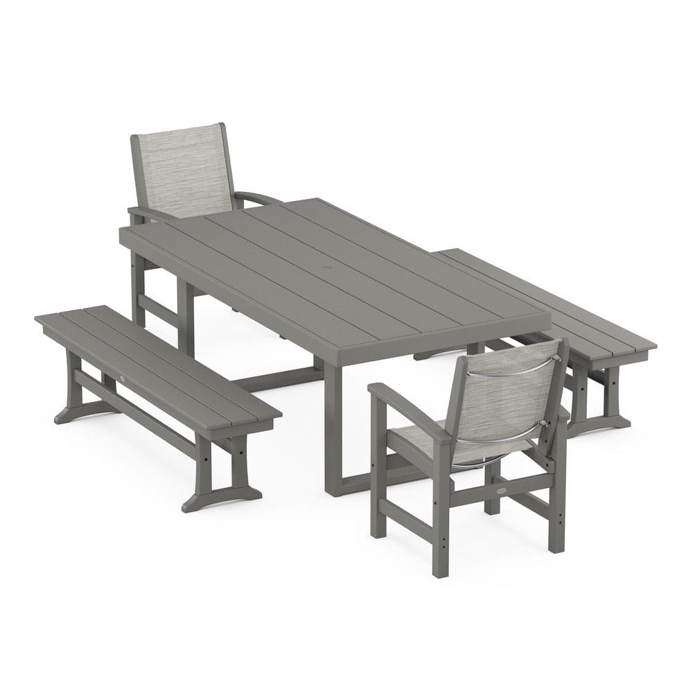 POLYWOOD® Outdoor Furniture Slate Grey / Birch Sling POLYWOOD® - Coastal 5-Piece Dining Set with Trestle Legs - PWS870