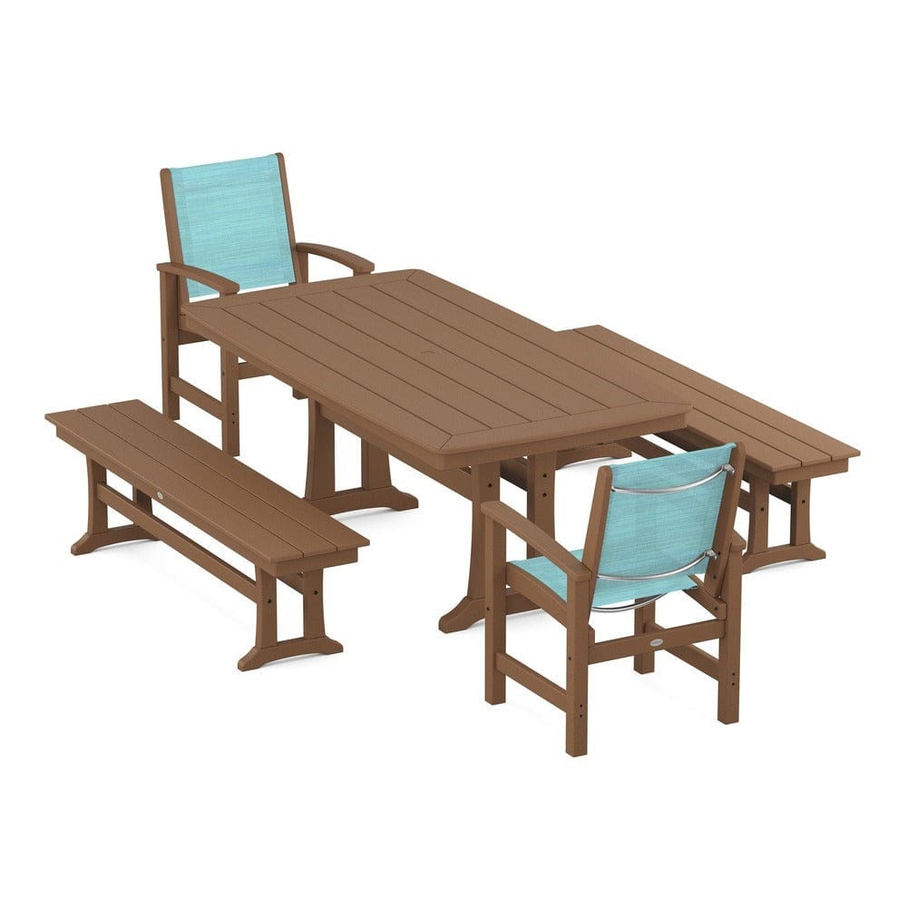 POLYWOOD® Outdoor Furniture Teak / Dupioni Aquamarine Sling POLYWOOD® - Coastal 5-Piece Dining Set with Trestle Legs and Benches - PWS1036