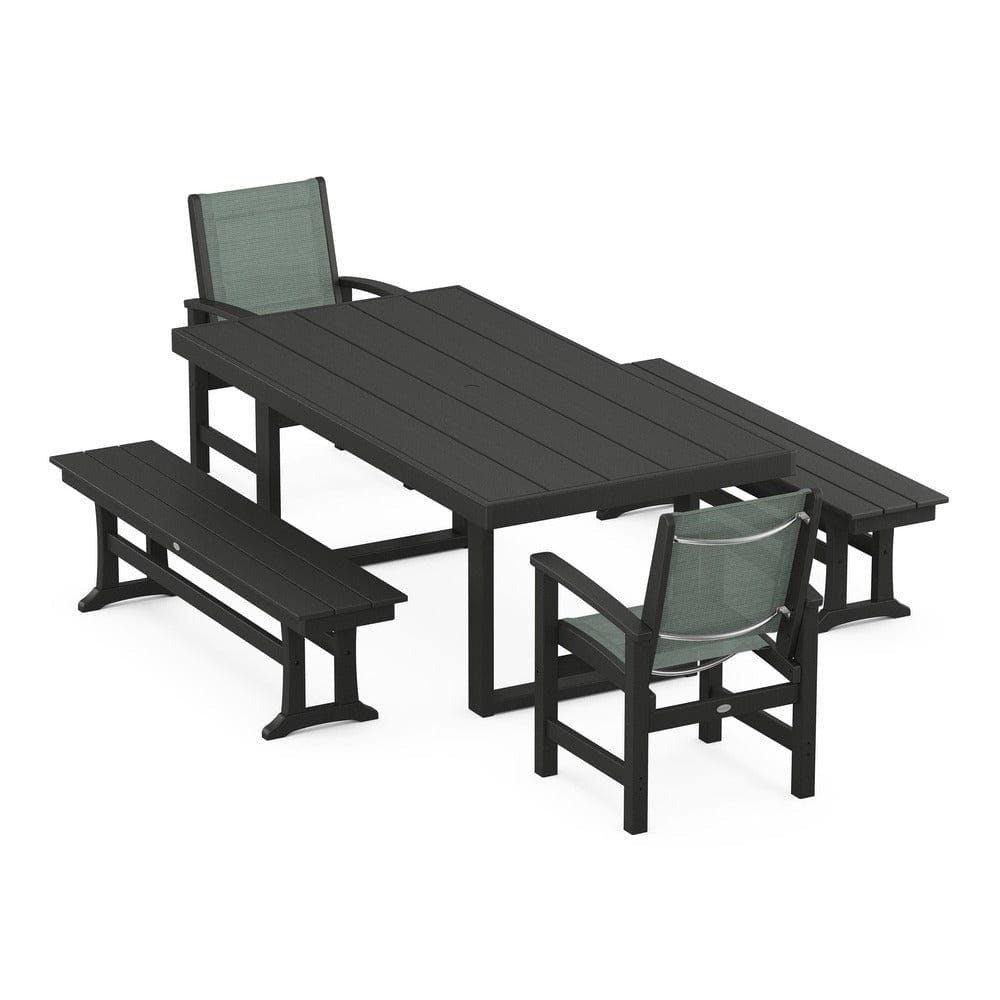 POLYWOOD® Outdoor Furniture Black / Dupioni Sea Mist Sling POLYWOOD® - Coastal 5-Piece Dining Set with Trestle Legs - PWS870