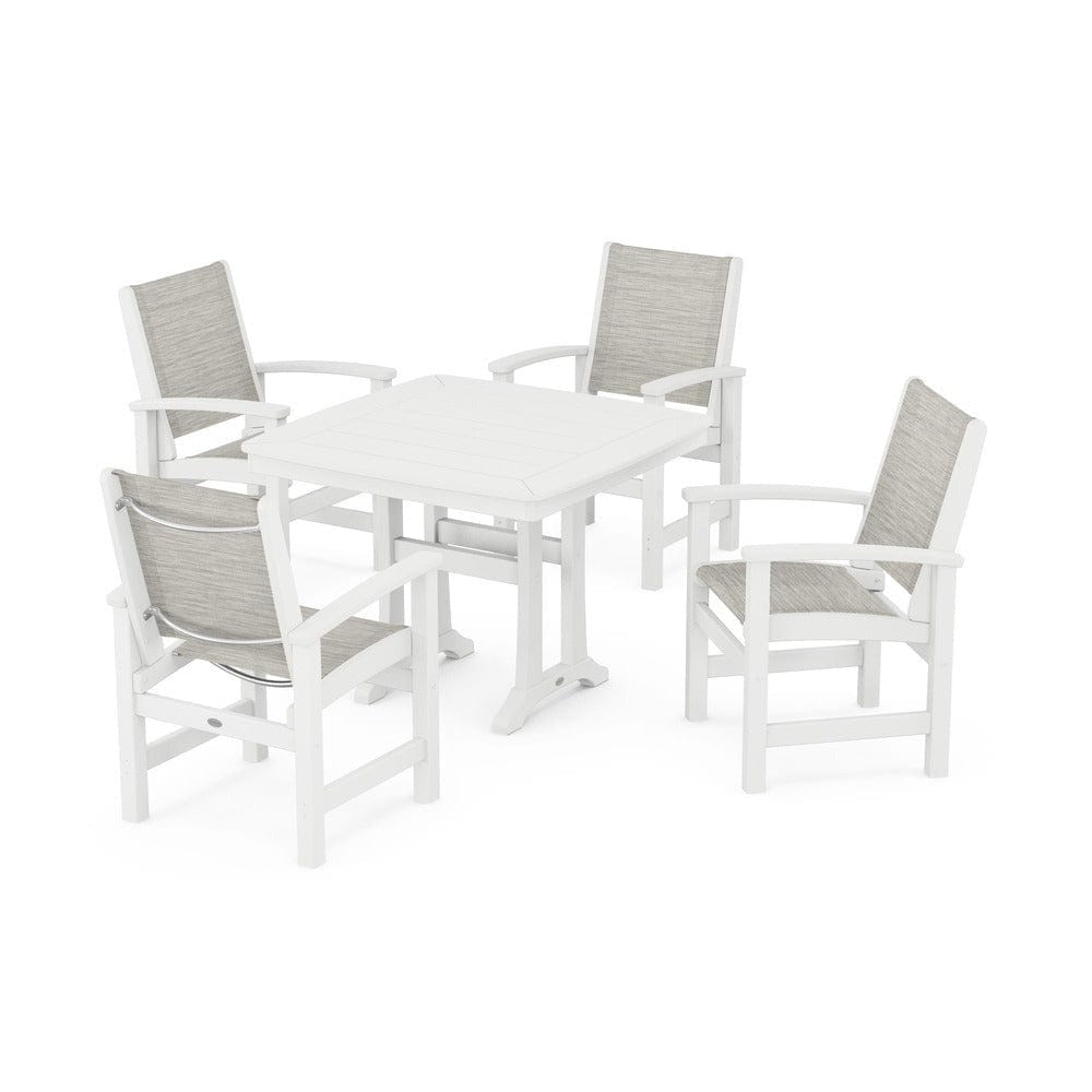 POLYWOOD® Outdoor Furniture White / Birch Sling POLYWOOD® - Coastal 5-Piece Dining Set with Trestle Legs - PWS966