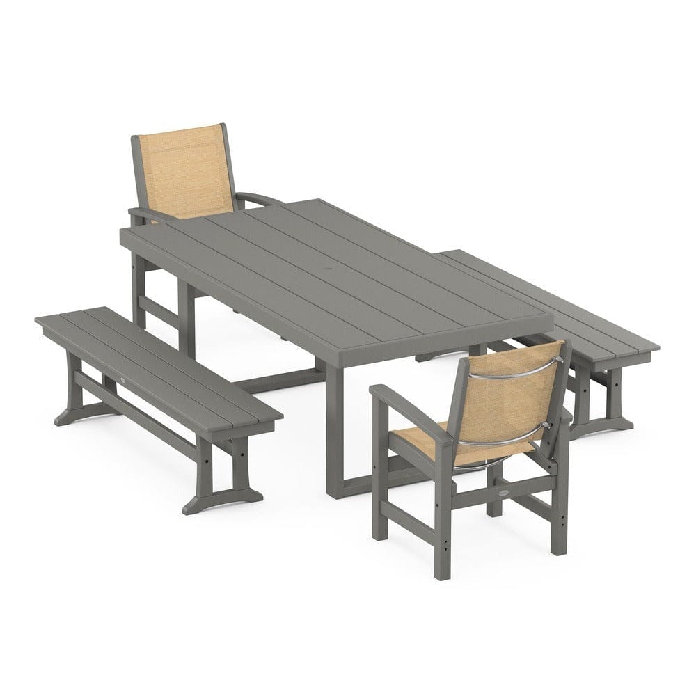 POLYWOOD® Outdoor Furniture Slate Grey / Dupioni Apricot Sling POLYWOOD® - Coastal 5-Piece Dining Set with Trestle Legs - PWS870