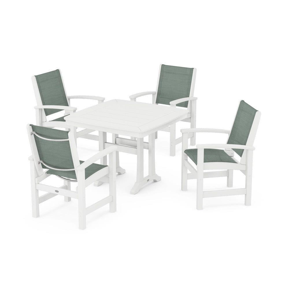 POLYWOOD® Outdoor Furniture White / Dupioni Sea Mist Sling POLYWOOD® - Coastal 5-Piece Dining Set with Trestle Legs - PWS966