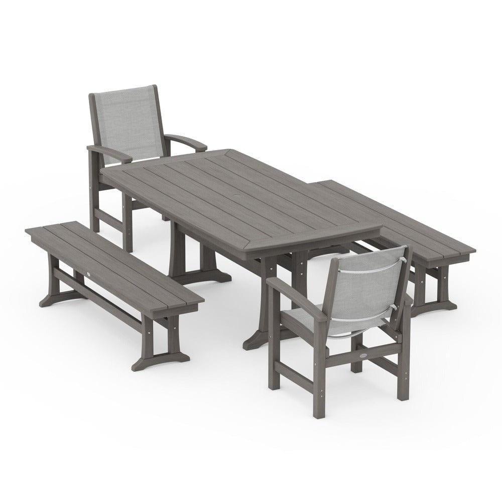 POLYWOOD® Outdoor Furniture POLYWOOD® - Coastal 5-Piece Dining Set with Trestle Legs and Benches - PWS1036