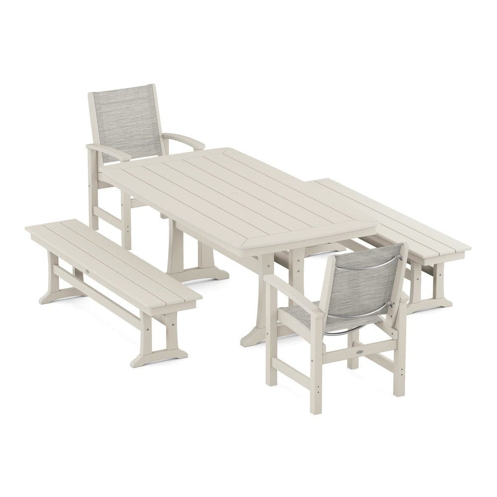 POLYWOOD® Outdoor Furniture Sand / Birch Sling POLYWOOD® - Coastal 5-Piece Dining Set with Trestle Legs and Benches - PWS1036