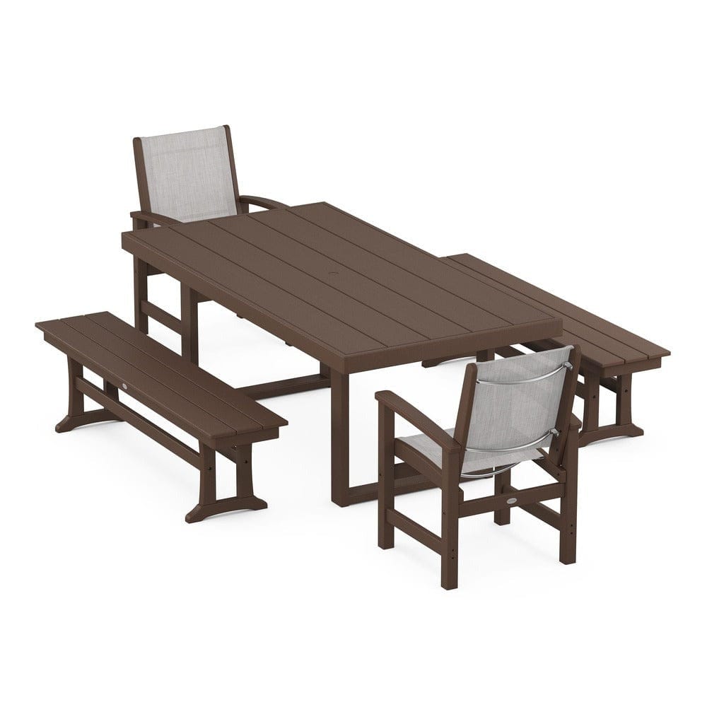 POLYWOOD® Outdoor Furniture Mahogany / Parchment Sling POLYWOOD® - Coastal 5-Piece Dining Set with Trestle Legs - PWS870