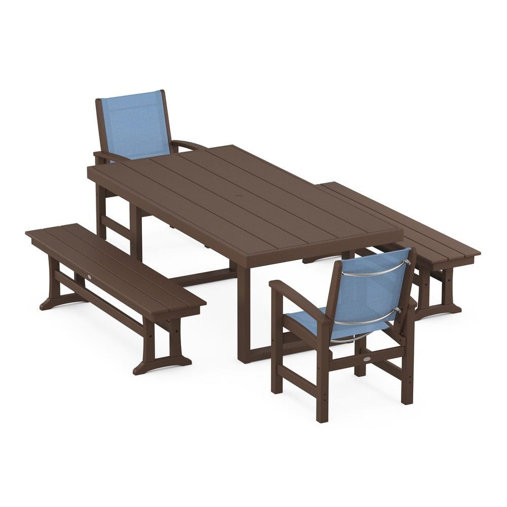 POLYWOOD® Outdoor Furniture Mahogany / Poolside Sling POLYWOOD® - Coastal 5-Piece Dining Set with Trestle Legs - PWS870