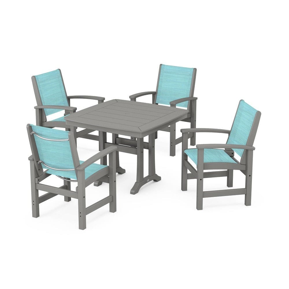 POLYWOOD® Outdoor Furniture Slate Grey / Dupioni Aquamarine Sling POLYWOOD® - Coastal 5-Piece Dining Set with Trestle Legs - PWS966