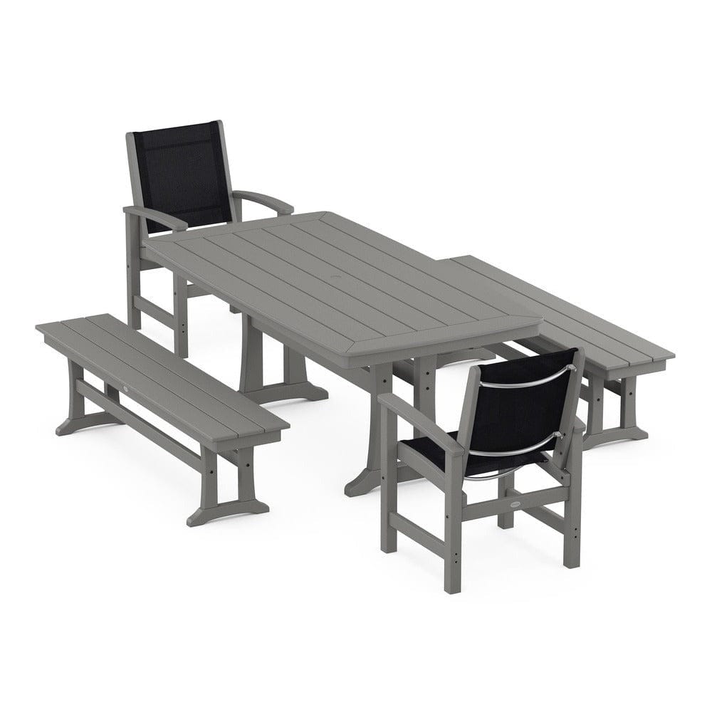 POLYWOOD® Outdoor Furniture Slate Grey / Black Sling POLYWOOD® - Coastal 5-Piece Dining Set with Trestle Legs and Benches - PWS1036