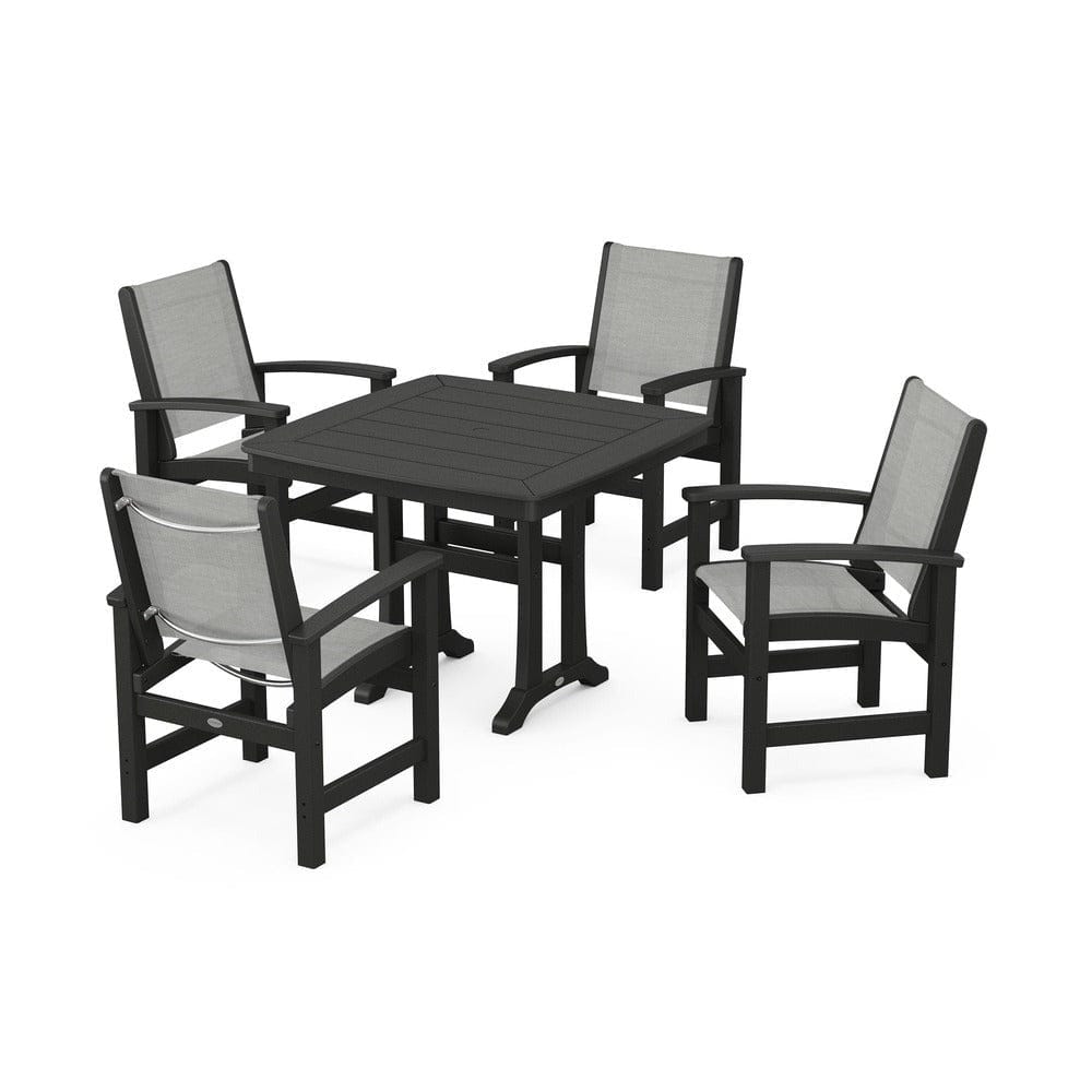 POLYWOOD® Outdoor Furniture Black / Metallic Sling POLYWOOD® - Coastal 5-Piece Dining Set with Trestle Legs - PWS966