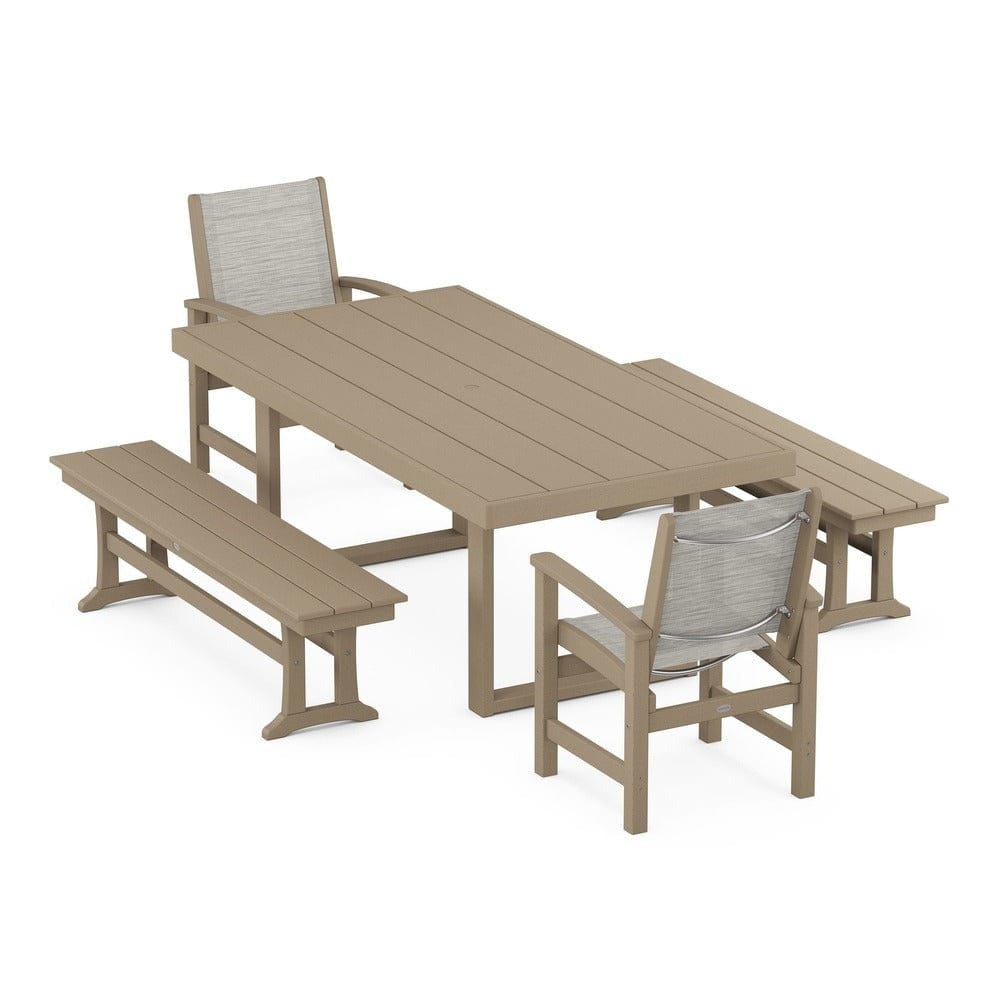 POLYWOOD® Outdoor Furniture Vintage Sahara / Birch Sling POLYWOOD® - Coastal 5-Piece Dining Set with Trestle Legs - PWS870