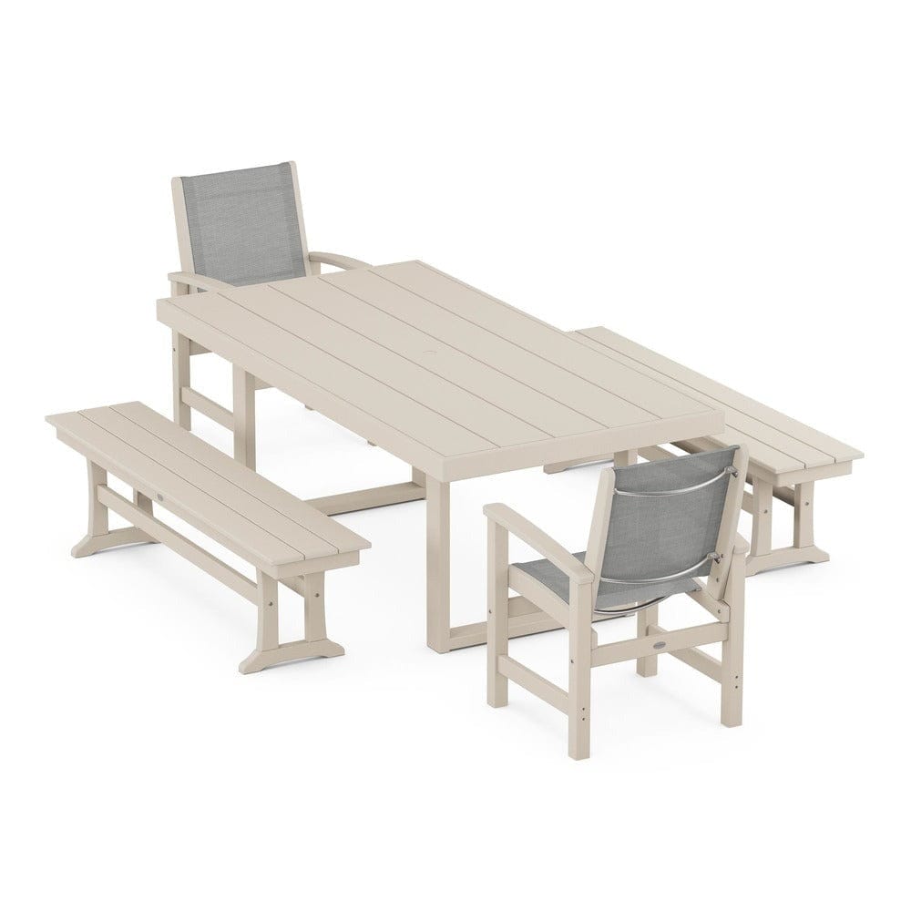 POLYWOOD® Outdoor Furniture Sand / Metallic Sling POLYWOOD® - Coastal 5-Piece Dining Set with Trestle Legs - PWS870