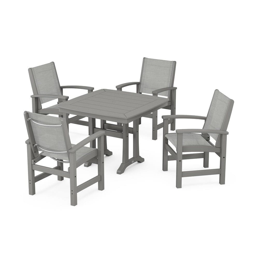 POLYWOOD® Outdoor Furniture Slate Grey / Metallic Sling POLYWOOD® - Coastal 5-Piece Dining Set with Trestle Legs - PWS966