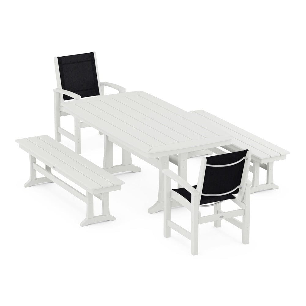POLYWOOD® Outdoor Furniture POLYWOOD® - Coastal 5-Piece Dining Set with Trestle Legs and Benches - PWS1036