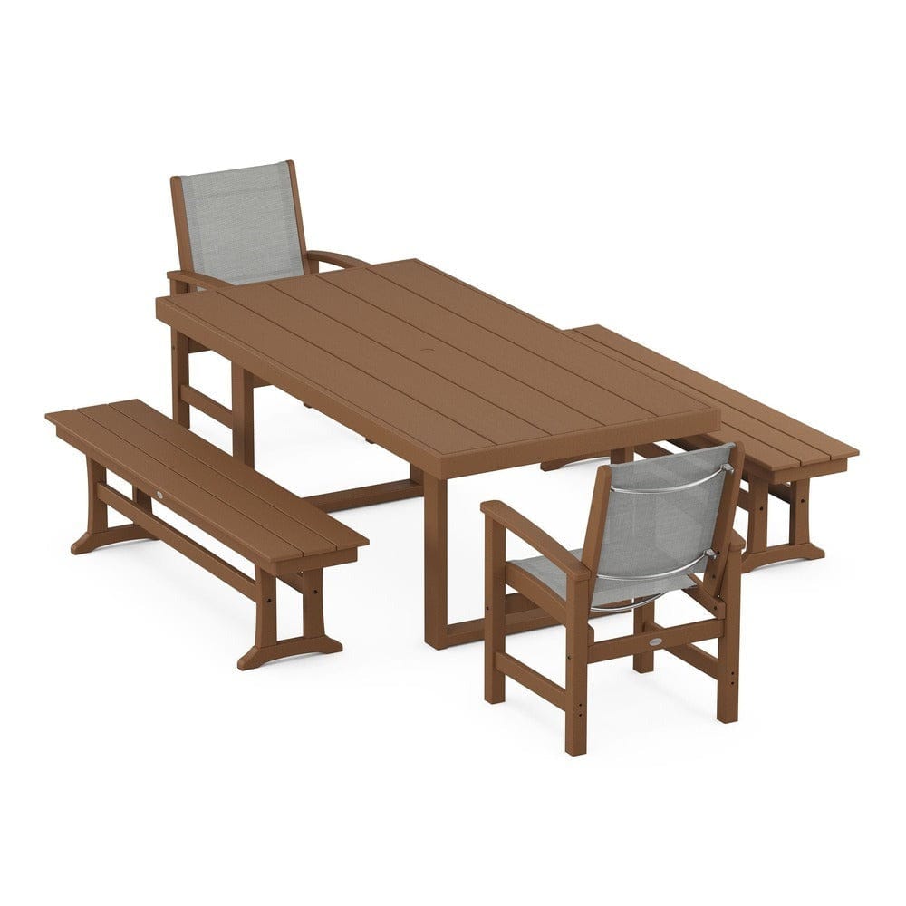 POLYWOOD® Outdoor Furniture Teak / Metallic Sling POLYWOOD® - Coastal 5-Piece Dining Set with Trestle Legs - PWS870