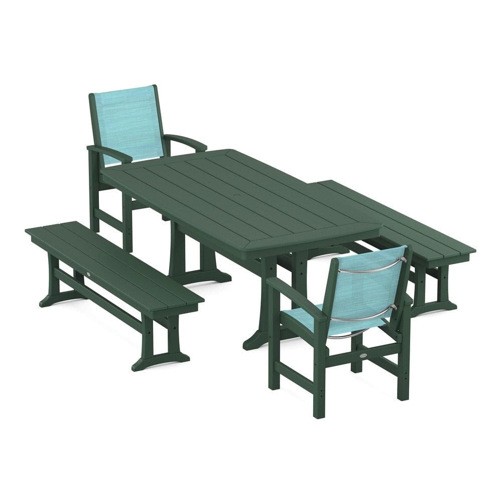 POLYWOOD® Outdoor Furniture Green / Dupioni Aquamarine Sling POLYWOOD® - Coastal 5-Piece Dining Set with Trestle Legs and Benches - PWS1036