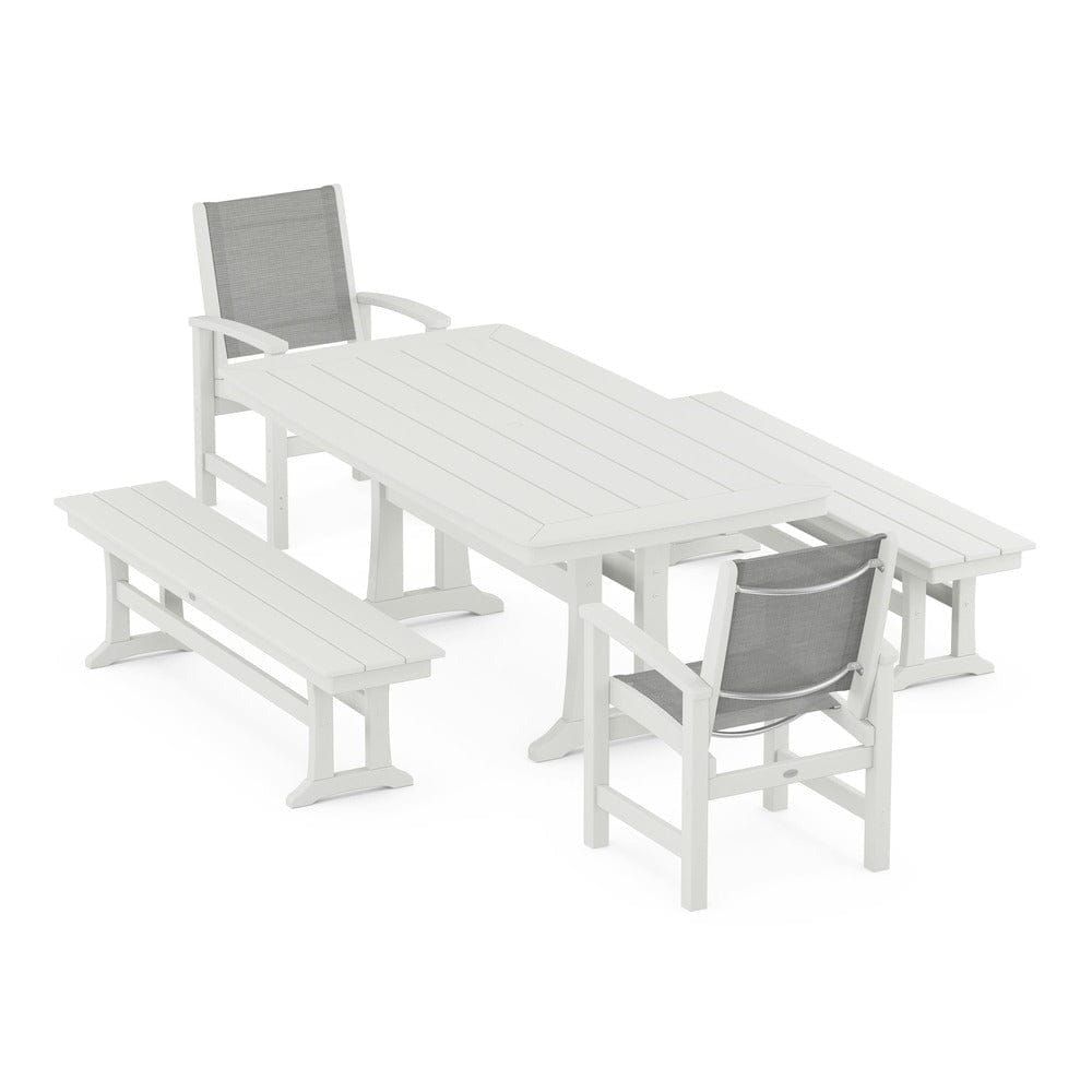 POLYWOOD® Outdoor Furniture POLYWOOD® - Coastal 5-Piece Dining Set with Trestle Legs and Benches - PWS1036
