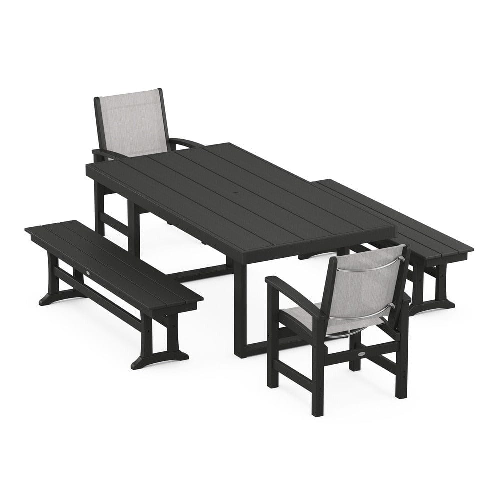 POLYWOOD® Outdoor Furniture Black / Parchment Sling POLYWOOD® - Coastal 5-Piece Dining Set with Trestle Legs - PWS870