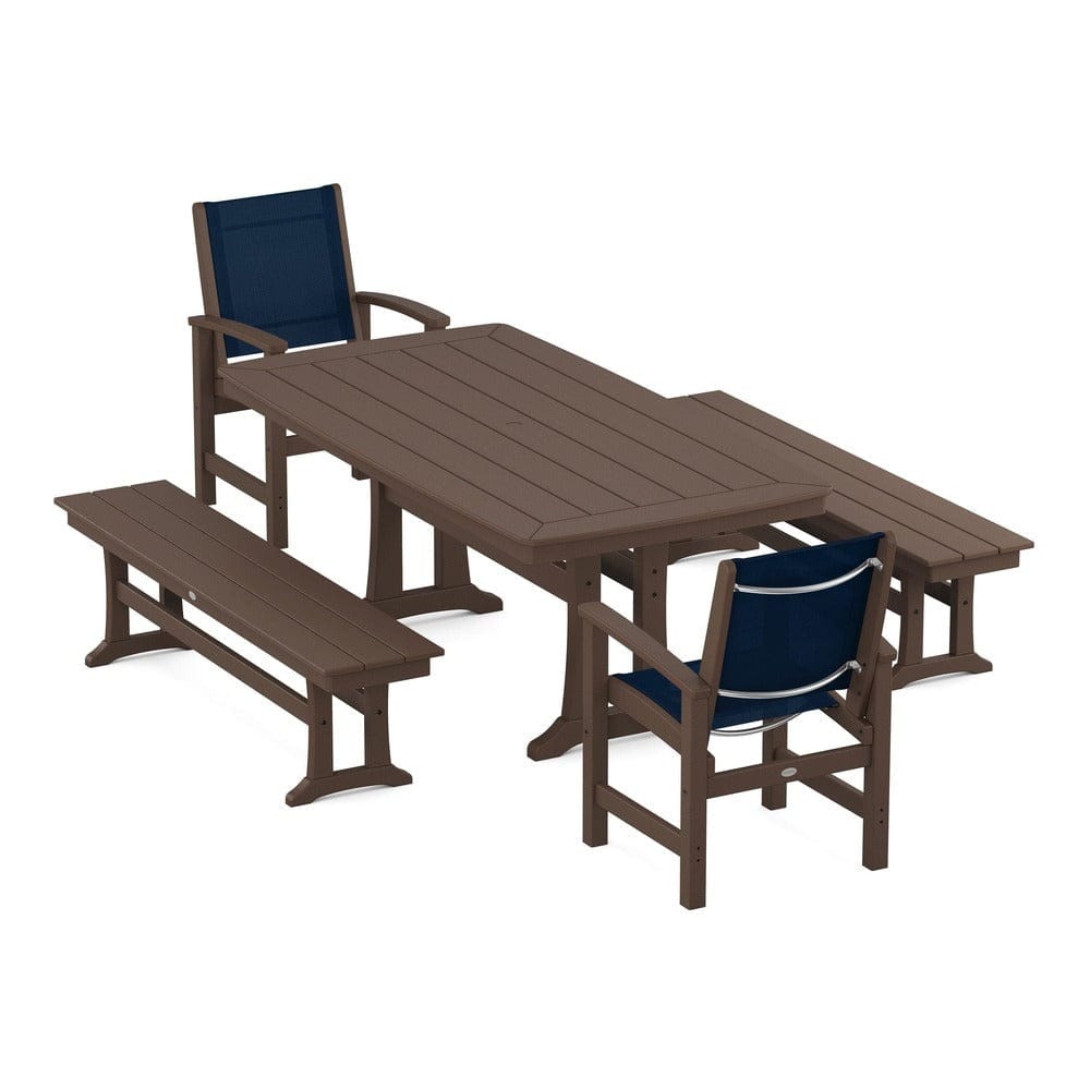POLYWOOD® Outdoor Furniture Mahogany / Navy Blue Sling POLYWOOD® - Coastal 5-Piece Dining Set with Trestle Legs and Benches - PWS1036