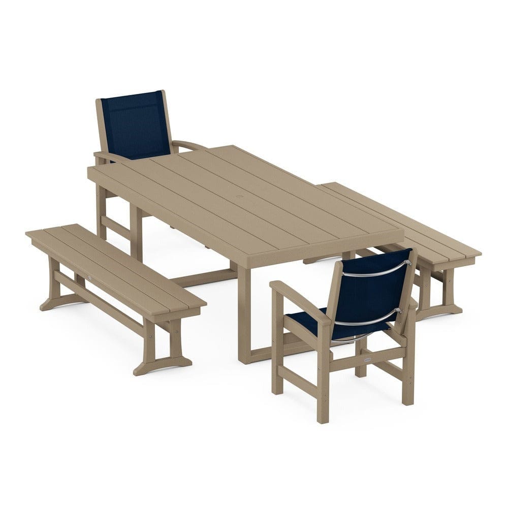 POLYWOOD® Outdoor Furniture Vintage Sahara / Navy Blue Sling POLYWOOD® - Coastal 5-Piece Dining Set with Trestle Legs - PWS870