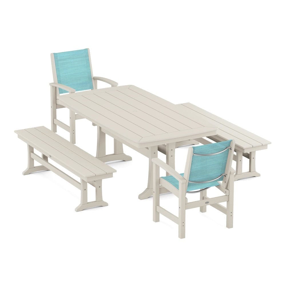 POLYWOOD® Outdoor Furniture Sand / Dupioni Aquamarine Sling POLYWOOD® - Coastal 5-Piece Dining Set with Trestle Legs and Benches - PWS1036