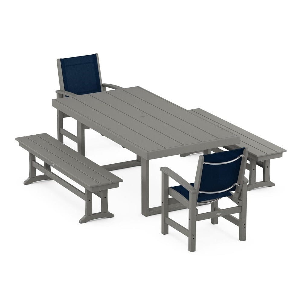 POLYWOOD® Outdoor Furniture Slate Grey / Navy Blue Sling POLYWOOD® - Coastal 5-Piece Dining Set with Trestle Legs - PWS870