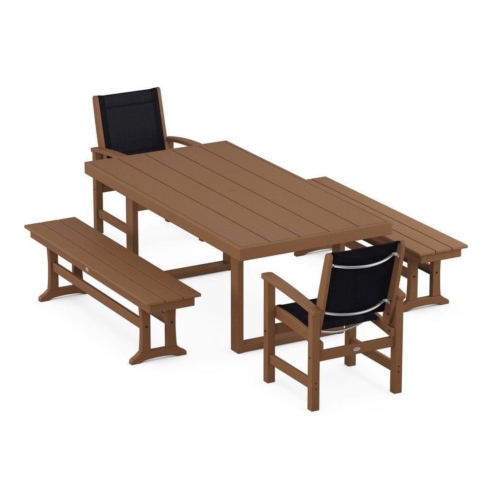 POLYWOOD® Outdoor Furniture Teak / Black Sling POLYWOOD® - Coastal 5-Piece Dining Set with Trestle Legs - PWS870