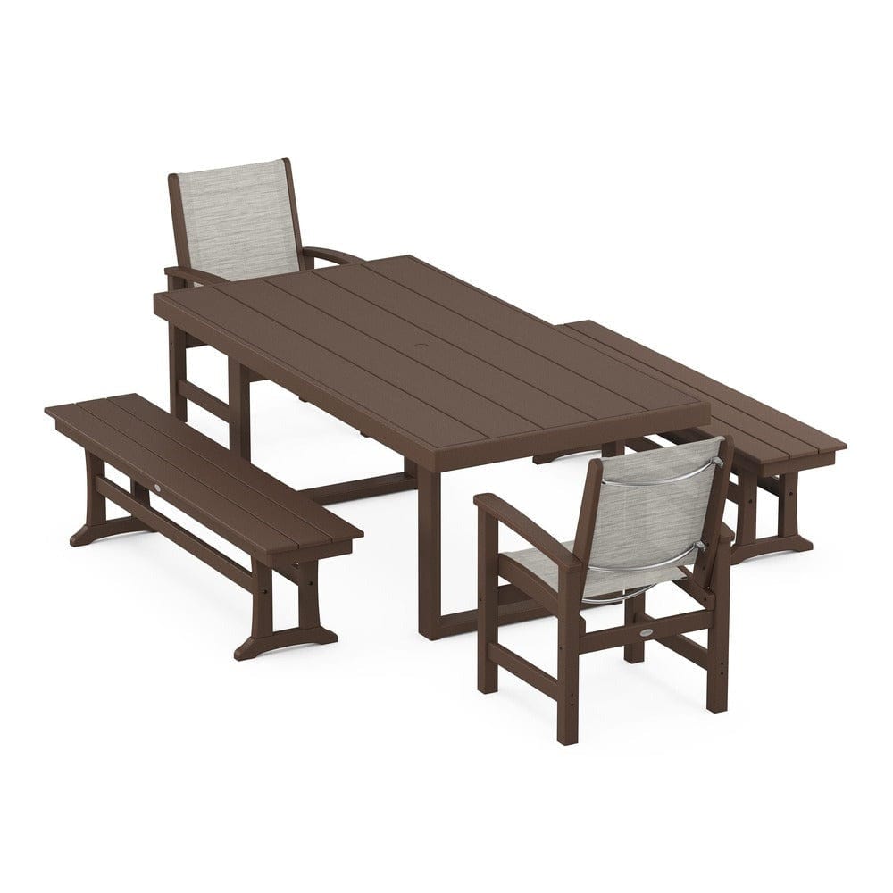 POLYWOOD® Outdoor Furniture Mahogany / Birch Sling POLYWOOD® - Coastal 5-Piece Dining Set with Trestle Legs - PWS870