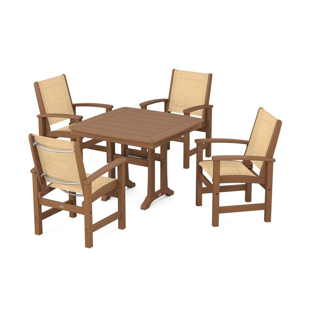 POLYWOOD® Outdoor Furniture Teak / Dupioni Apricot Sling POLYWOOD® - Coastal 5-Piece Dining Set with Trestle Legs - PWS966