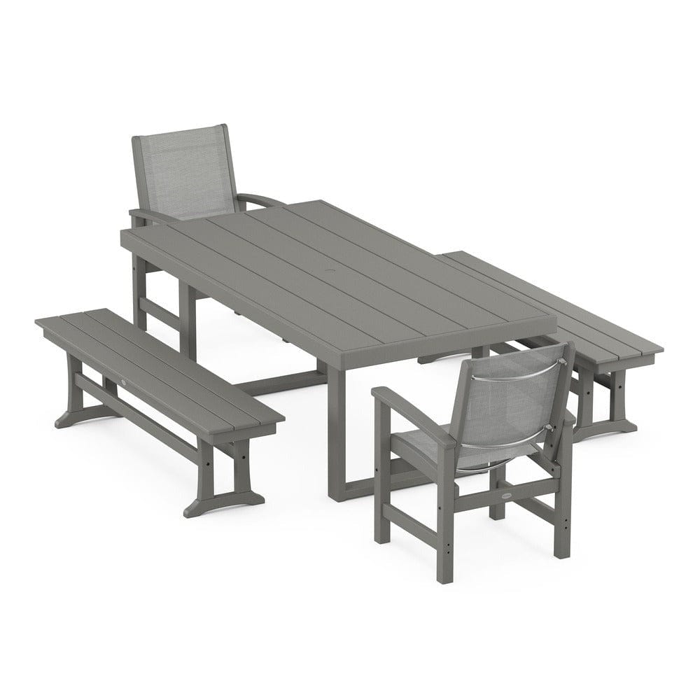 POLYWOOD® Outdoor Furniture Slate Grey / Metallic Sling POLYWOOD® - Coastal 5-Piece Dining Set with Trestle Legs - PWS870