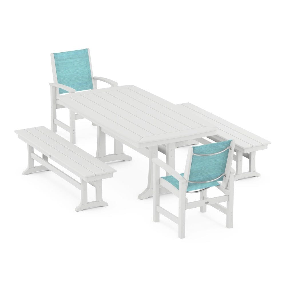 POLYWOOD® Outdoor Furniture White / Dupioni Aquamarine Sling POLYWOOD® - Coastal 5-Piece Dining Set with Trestle Legs and Benches - PWS1036