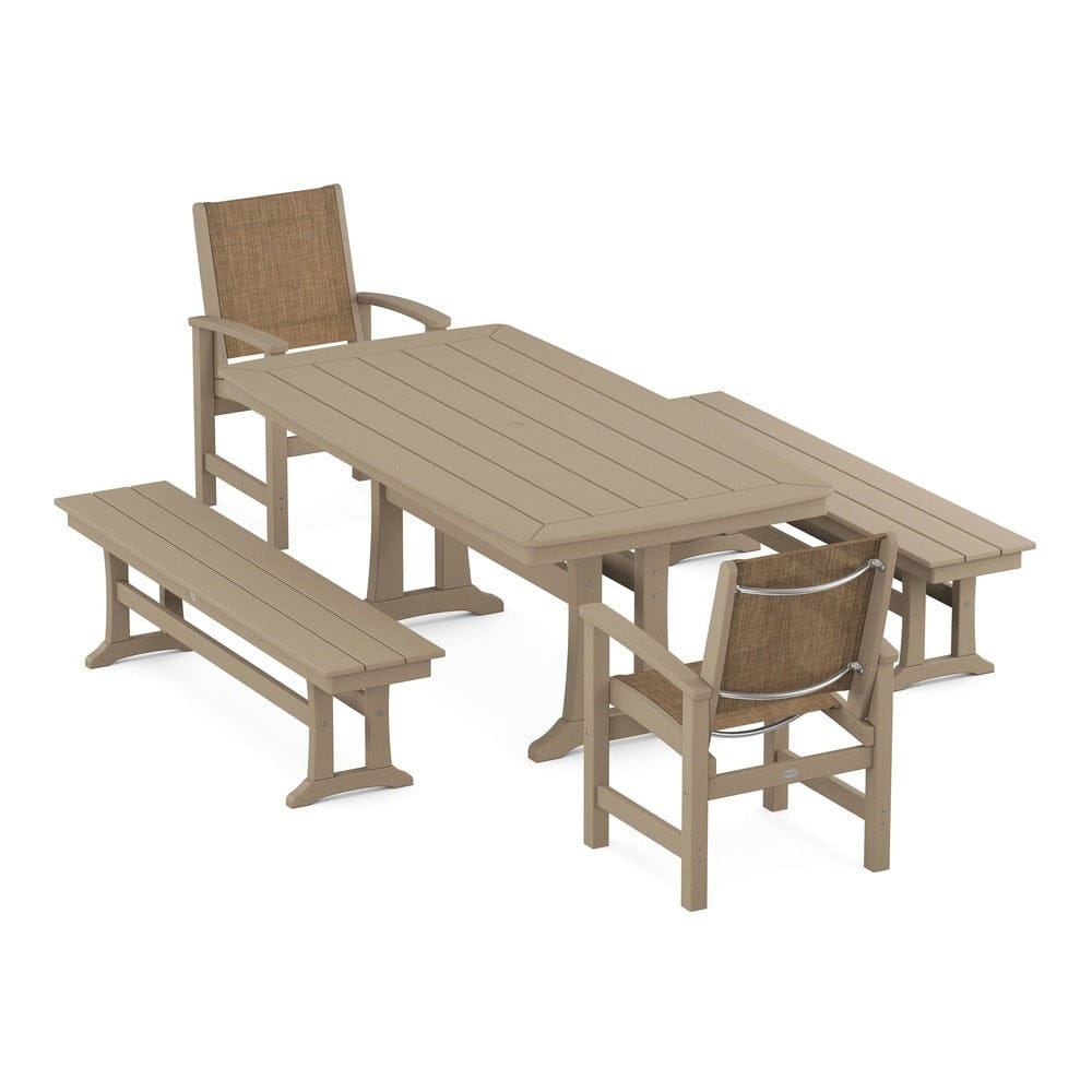 POLYWOOD® Outdoor Furniture POLYWOOD® - Coastal 5-Piece Dining Set with Trestle Legs and Benches - PWS1036