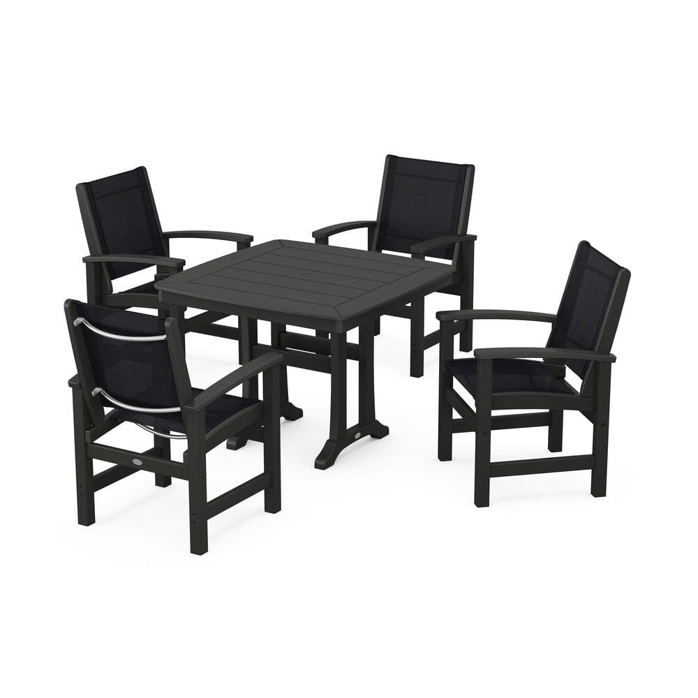 POLYWOOD® Outdoor Furniture Black / Black Sling POLYWOOD® - Coastal 5-Piece Dining Set with Trestle Legs - PWS966