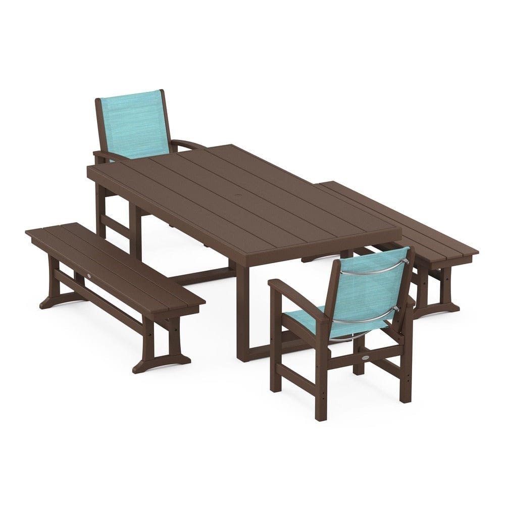 POLYWOOD® Outdoor Furniture Mahogany / Dupioni Aquamarine Sling POLYWOOD® - Coastal 5-Piece Dining Set with Trestle Legs - PWS870