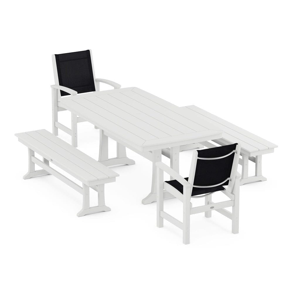 POLYWOOD® Outdoor Furniture White / Black Sling POLYWOOD® - Coastal 5-Piece Dining Set with Trestle Legs and Benches - PWS1036